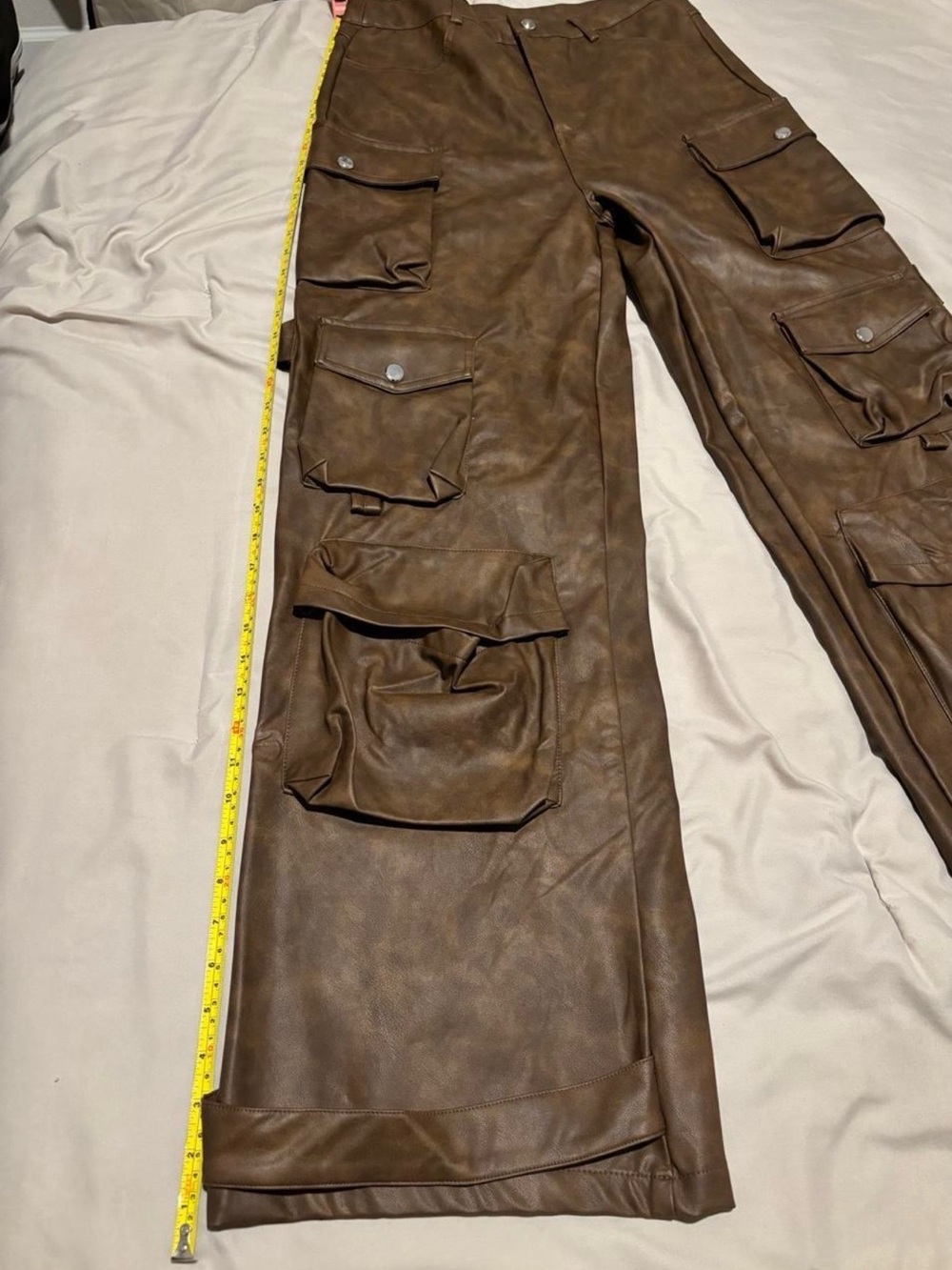 New Sz XL Weekend Warrior Wide Leg Washed Pu Leather Cargo Pant - Brown - Picture 8 of 10